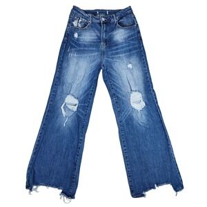 RISEN Jeans Women Sz 13 Stretch High Rise Distressed Wide Leg Raw Hem Blue Denim